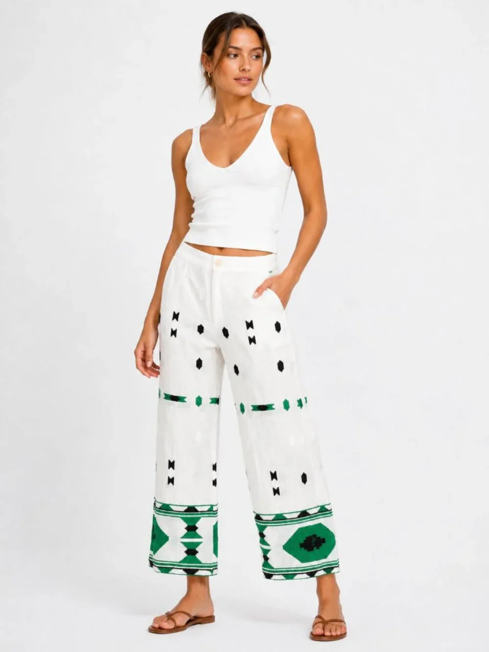 ZARA Embroidered Linen Cropped Pants Ivory Small